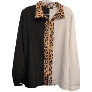 Sheilay Women's Black White & Leopard  Animal Print Full Zip Blouse Size XXL